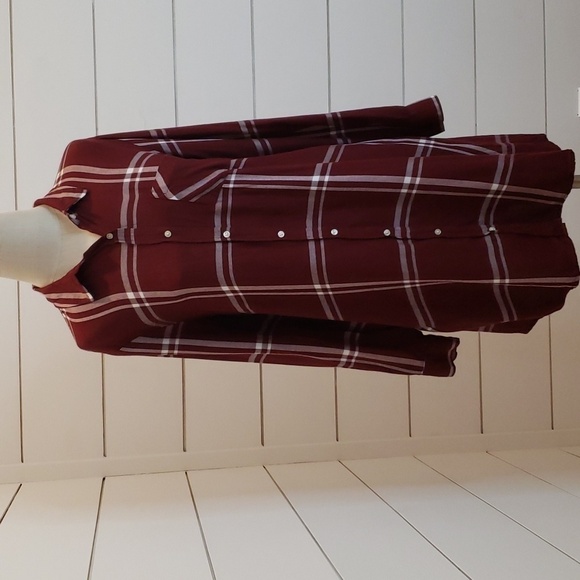OLD NAVY large burgundy red and white plaid button down shirt midi dress - Picture 2 of 6